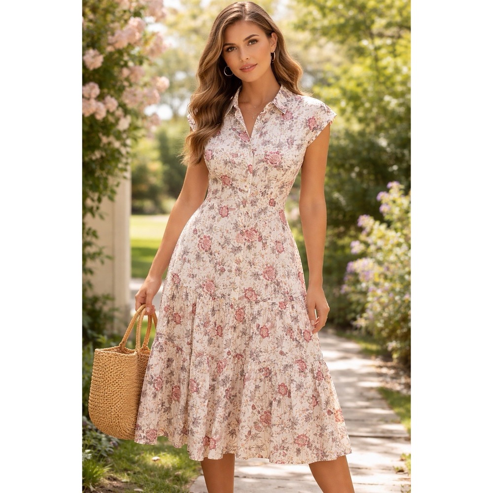 Lauren Ralph Lauren LRL Dress Women 6 Cream Floral Tiered Midi Pockets Button Up